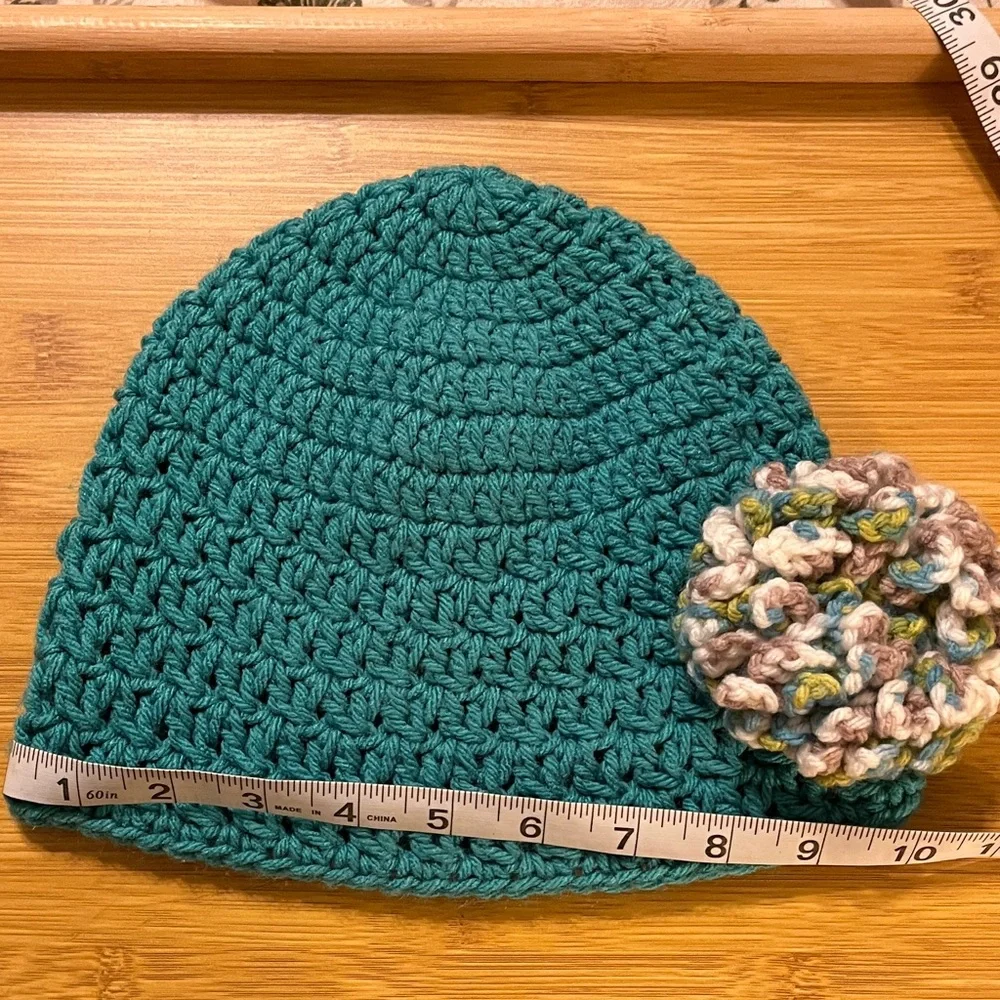 Handcrafted Teal Crochet Beanie with Multicolor Flower